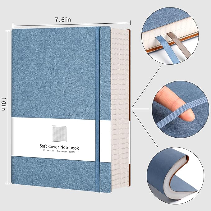 AHGXG Graph Paper Notebook - 320 Pages Grid Paper Notebook Large Journal B5, 100gsm Thick Graph Paper, Leather Softcover, Inner Pocket, 7.6'' X 10''- GrayBlue-DeskLoop Office