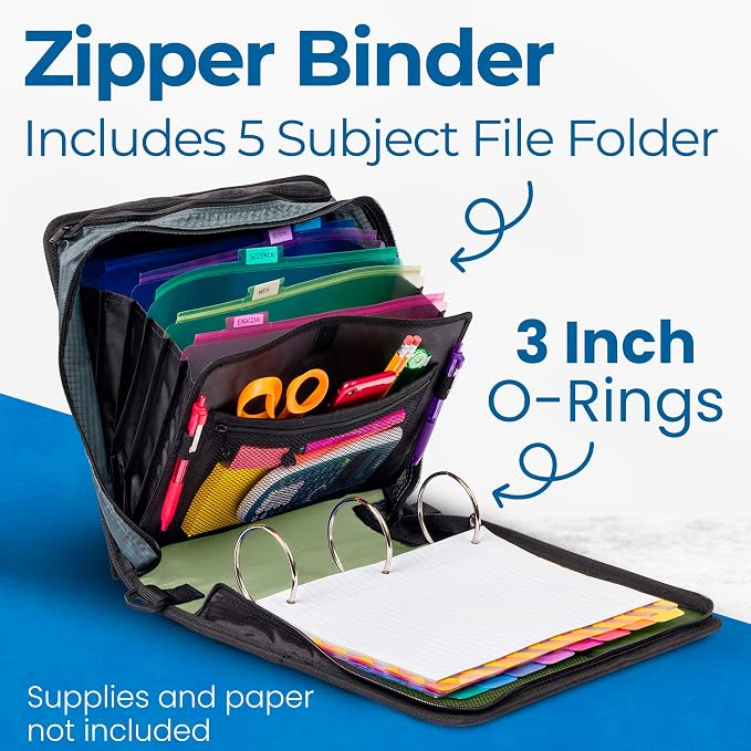 Case-it Mighty Zip Tab School Zipper Binder | 3-Inch O-Rings, 600-Sheet Capacity - Image 2
