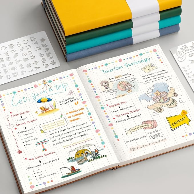 AHGXG Bullet Dotted Journal - 320 Pages Dot Grid Notebook B5 Large Journal, 100gsm Thick Dotted Paper, Leather Softcover, with Journal Stencils, Inner Pocket, 7.6'' X 10'' - Green-DeskLoop Office