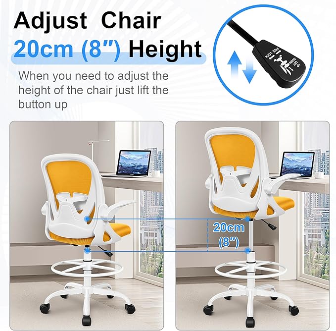 Primy Drafting Chair Tall Office Chair with Flip-up Armrests Executive Ergonomic Computer Standing Desk Chair with Lumbar Support and Adjustable Footrest Ring (Mustard)-DeskLoop Office