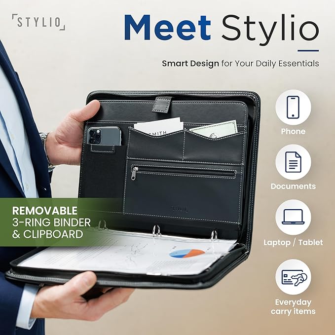 STYLIO Zipper Portfolio Binder | Padfolio 3 Ring Binder and Clipboard Folio| - Image 3
