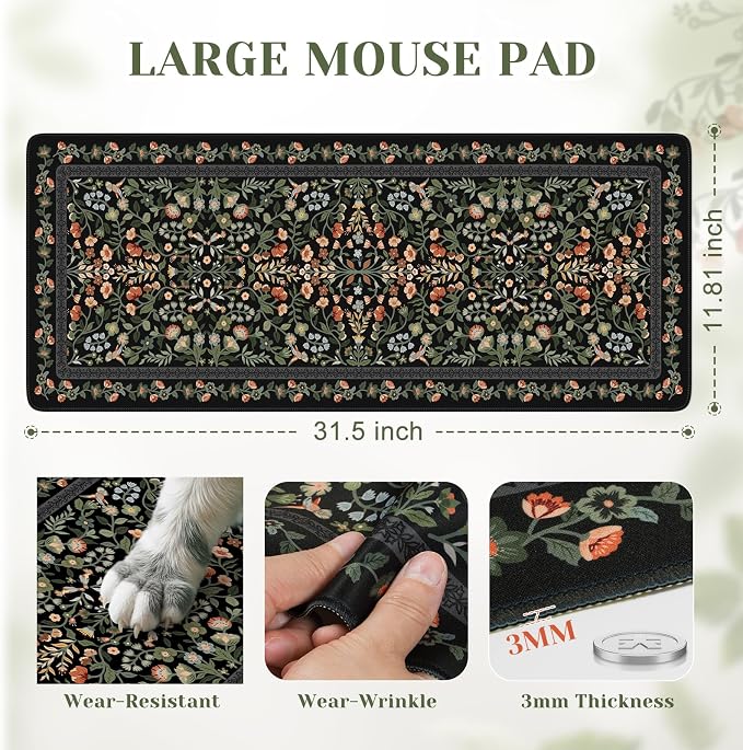 iCasso Aesthetic Floral Desk Mat, L Mouse Pads, Anti-Slip Retro Mousepad - Image 2