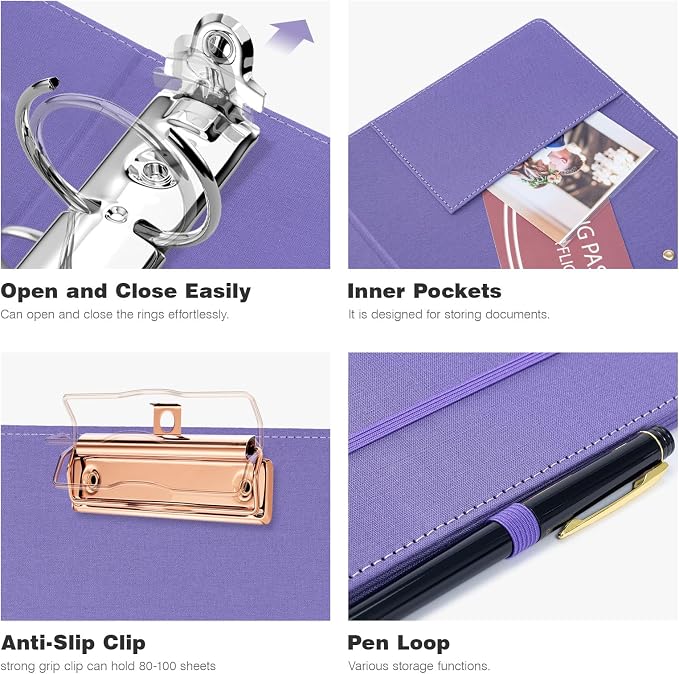 Ospelelf Mini 3 Ring Binder 2 inch Round Ring, 5.5 x 8.5 Purple Clipboard - Image 5