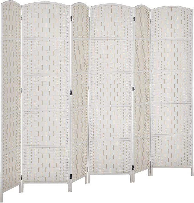 HOMCOM Room Divider, 6 Panel Folding Privacy Screen, 6FT Tall Portable Wicker Weave Partition Wall Divider for Bedroom, Home Office, White-DeskLoop Office