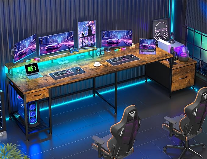 L Shaped Computer Desk with Drawers, Gaming Desk with LED Lights & Monitor Shelf, Office Desks with Power Outlets, Corner Desks for Home Office, Study Room and Bedroom, Rustic Brown-DeskLoop Office