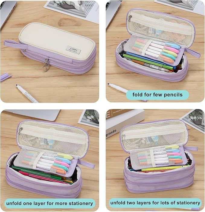 Large Pencil Case Zipper Pencil Pouch Organizer Big Capacity Pencil Bag with Handle Portable for Girls Kids Adults Gift Pen Case for School Home Office Purple-DeskLoop Office