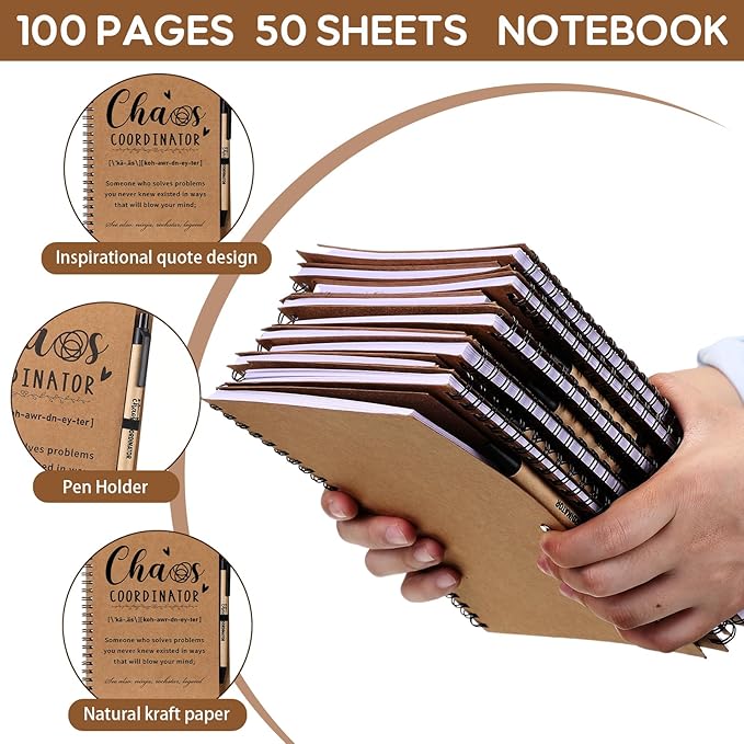 Nezyo 10 Sets Chaos Coordinator Gifts Employee Appreciation Week Notebook with Ballpoint Pen Spiral Notebook Teacher Appreciation Gifts Bulk for Women Men Journals Thank You Cowerker (Brown)-DeskLoop Office