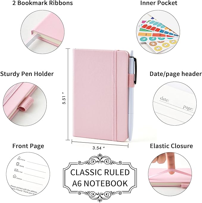 feela 6 Pack Pocket Small Notebooks Bulk, Mini Cute Memo Notepads Hardcover College Ruled Lined Journals with Pen Holder for Women Girls Office School, with 6 Black Pens, 3.5”x 5.5”, A6, Rose Pink-DeskLoop Office
