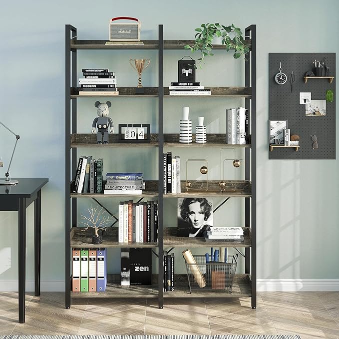 Seventable Bookshelf 6 Tier with 4 Hooks，67”Industrial Wooden Bookcase, Vintage Storage Rack with Open Shelves, Rustic Standing Bookshelves Metal Frame 43.3” Wide Display Rack, Gray-DeskLoop Office