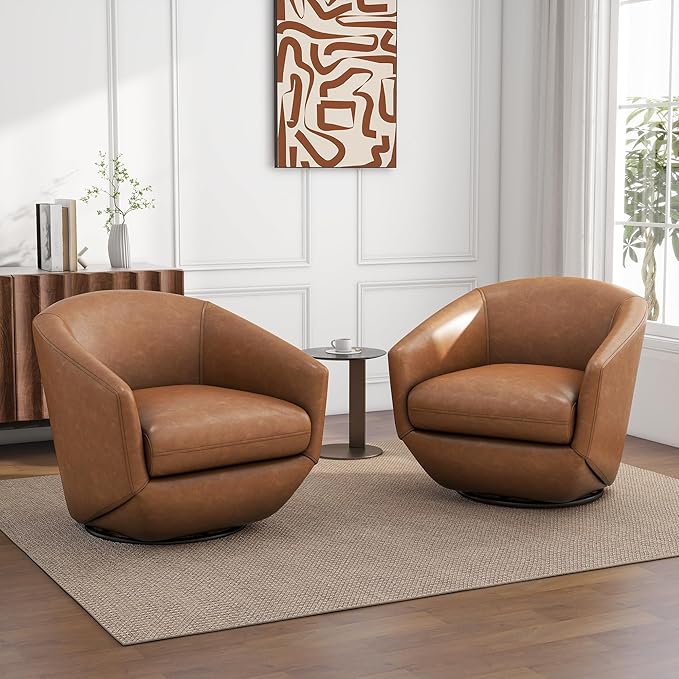 UIXE Faux Leather Swivel Accent Chairs Set of 2, Barrel Chair Upholstered Club Armchair for Living Room, Comfy Single Sofa Bedroom Side Reading Seat - Brown-DeskLoop Office