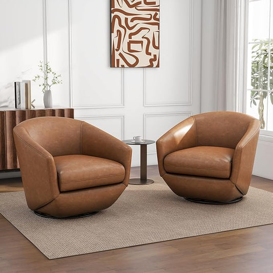 UIXE Faux Leather Swivel Accent Chairs Set of 2, Barrel Chair Upholstered Club Armchair for Living Room, Comfy Single Sofa Bedroom Side Reading Seat - Brown-DeskLoop Office