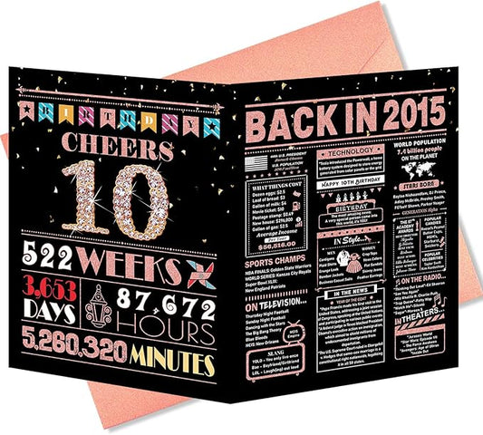 10th Birthday Card, 10th Birthday Decorations for Girl, 10th Birthday Gifts for Daughter, Back in 2015 Birthday Card, Rose Gold