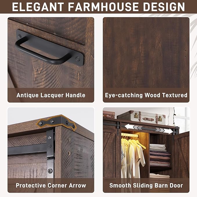 Farmhouse 4 Doors Armoire Wardrobe Closet w/Folding Sliding Barn Door and Lights, LED Armoire Closet w/Drawers for Bedroom, Freestanding Wooden Wardrobe Storage Closets w/Hanging Rod,Rustic Brown-DeskLoop Office