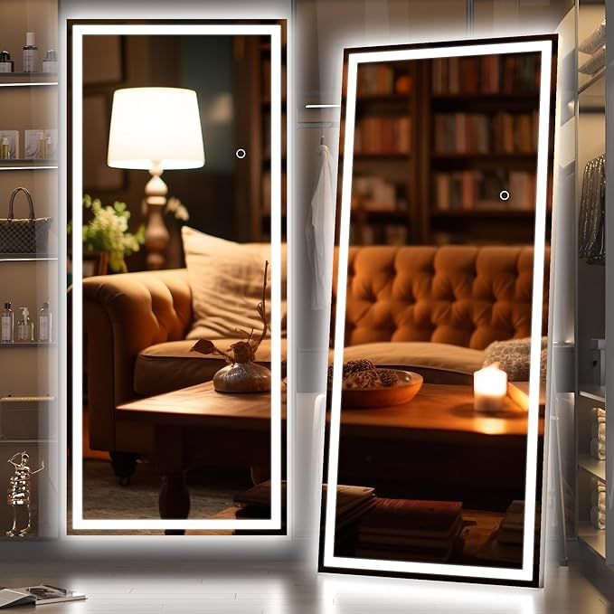 Hasipu Full Length Mirror with Lights, 71" x 24" LED Lighted Floor Standing, Full Body Dressing Hanging Mounted Mirror, Dimmable, Tempered Glass, Safe to Use, Square Black-DeskLoop Office