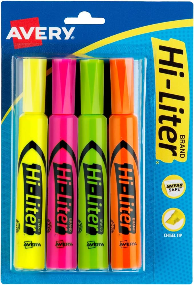 Avery Hi-Liter Desk-Style Highlighters, Smear Safe Ink, Chisel Tip, 4 Assorted by Avery