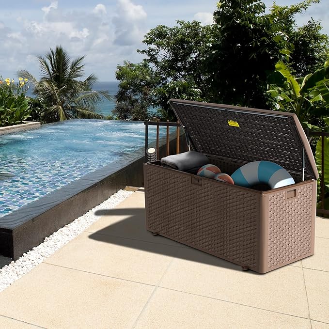 180 Pro Gallon Waterproof Outdoor Storage Bin Resin Deck Box for Patio, Poolside, and Garden, Lockable & UV-Resistant, Brown-DeskLoop Office