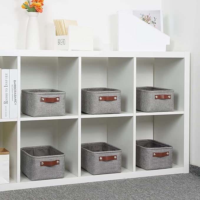 DULLEMELO Small Storage Baskets 11.8"x7.9"x5.1", Fabric Storage Bins for Shelves,Closets,Nursery,Home,Office [3 Pack], Collapsible Storage Baskets with Leather Handles (Gray)-DeskLoop Office