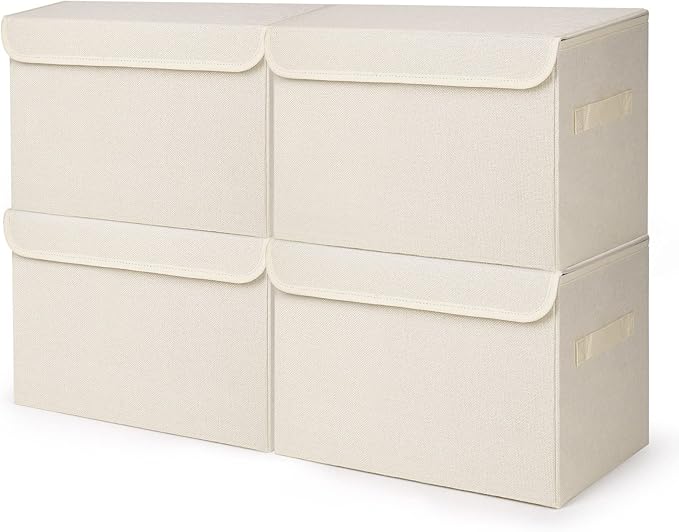 Large 22 Quart [4-Pack] Linen Fabric Foldable Storage Bin Cube Organizer Basket with Flip-Top Lid & Handles, Clothes Blanket Box for Home, Office, Closet (14.6 x 9.5 x 9.5, Beige)-DeskLoop Office