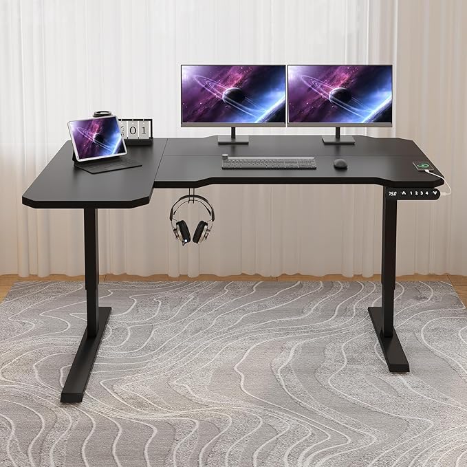 Electric Height Adjustable Standing Desk, 59 L-Shaped Sit - Stand Desk for Work or Home Office Push Button Memory Settings Black Splice Board/Black Frame-DeskLoop Office
