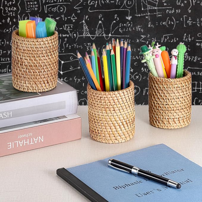 BTSKY 3 Pack Rattan Pen Cup, Handmade Desk Pencil Holders Makeup Brush Holder - Image 2