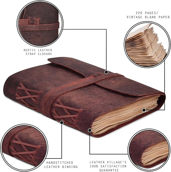LEATHER VILLAGE Leather Bound Journal - Fuchsia, 8"X6", 220 Pages - Vintage Blank Paper Diary for Writing, Drawing, Sketchbook, and Travel Notebook - Ideal for Women and Men