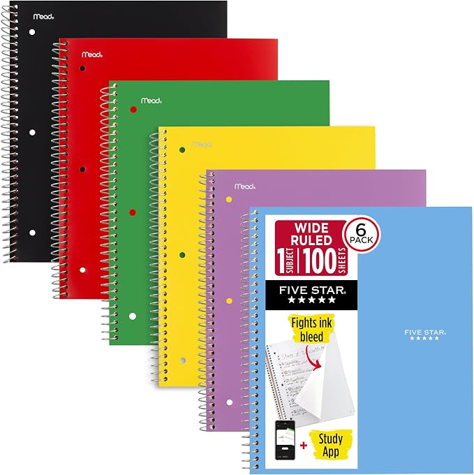 Five Star Spiral Notebook + Study App, 6 Pack, 1 Subject, Wide Ruled Paper by FiveStar