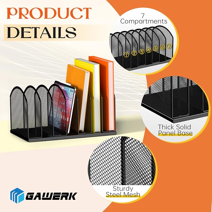 Gawerk 7-Section Metal Upright File Sorter Organizer, Office Small Letter - Image 3