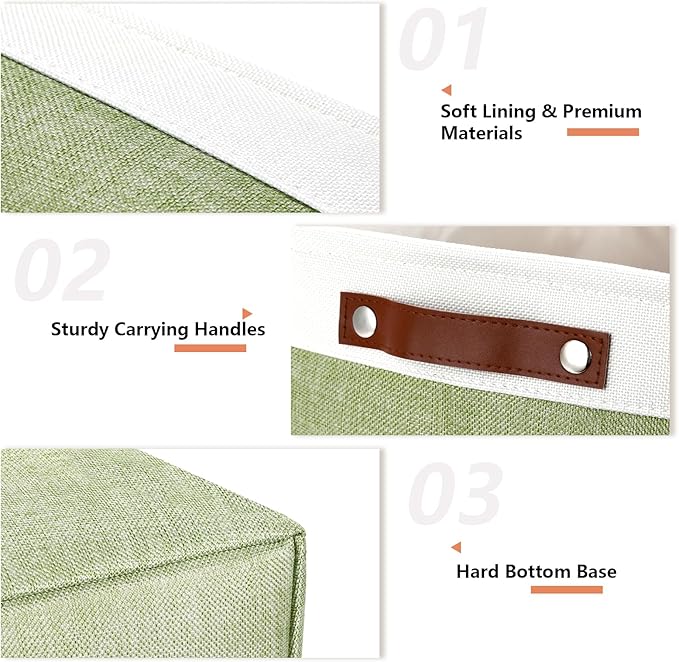 DULLEMELO 16 inch Fabric Storage Basket, Decorative Storage Boxes with Leather Handle for Closet Shelf Nursery, Collapsible Linen Storage Bins for Organizing Toys Book Towel Organizers(White&Green)-DeskLoop Office
