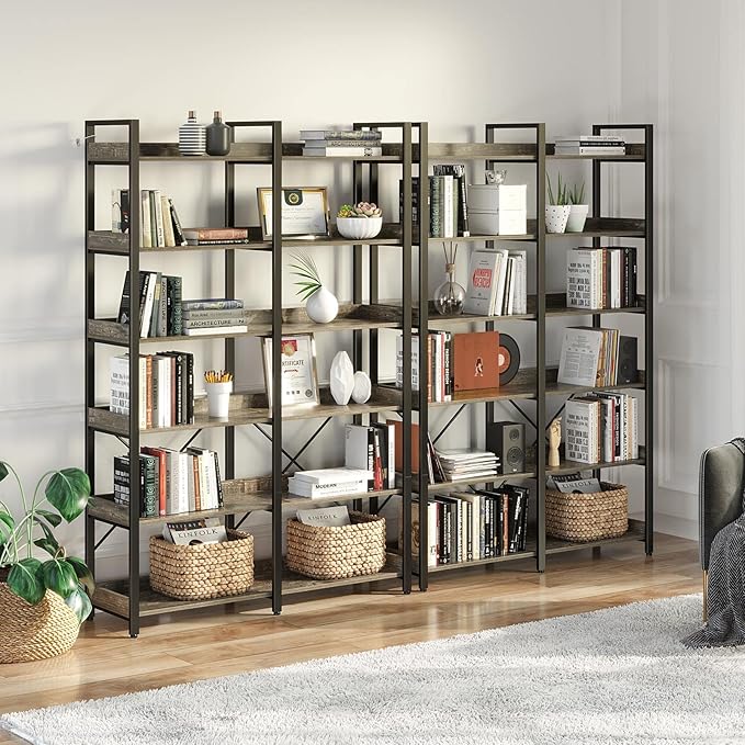 Seventable Bookshelf 6 Tier with 4 Hooks，67”Industrial Wooden Bookcase, Vintage Storage Rack with Open Shelves, Rustic Standing Bookshelves Metal Frame 43.3” Wide Display Rack, Gray-DeskLoop Office