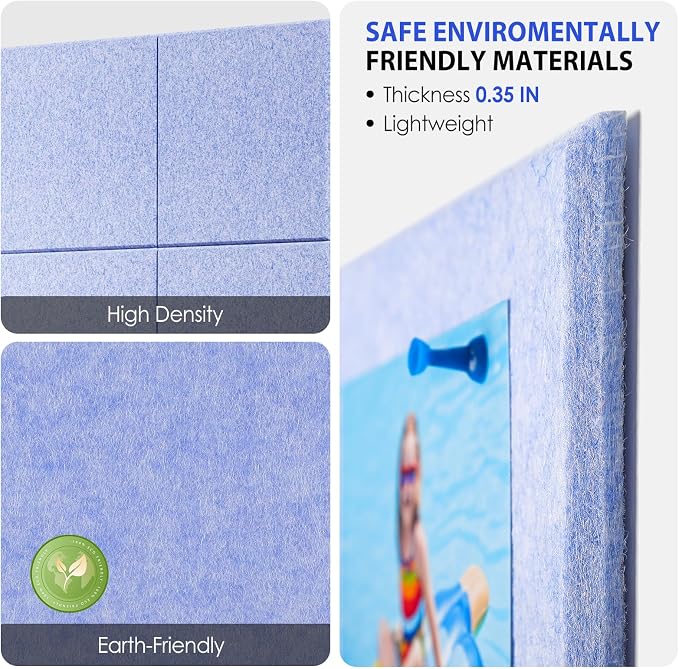 MaxGear Felt Bulletin Board 36" x 24", Light Blue Felt Wall Tiles Push Pins | - Image 2
