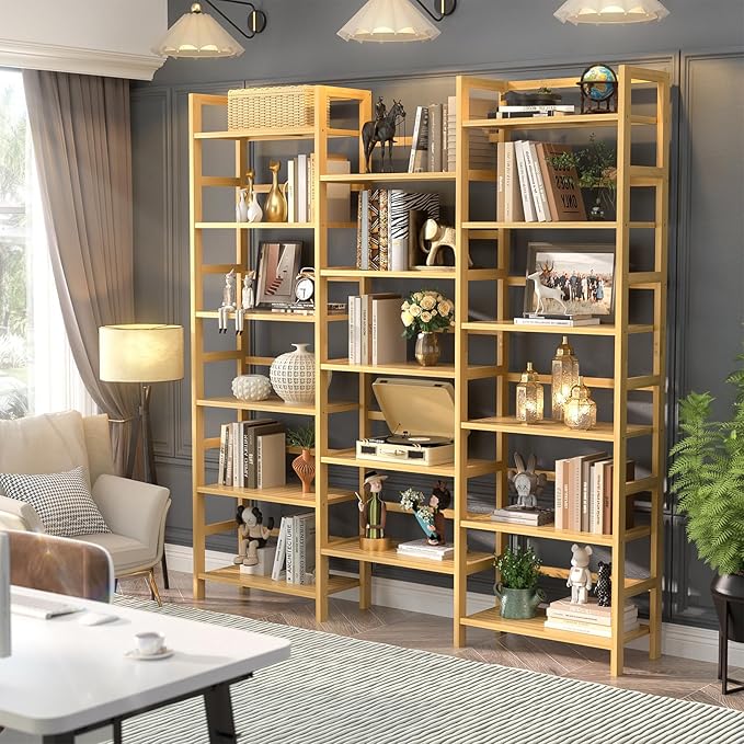 Homykic Bamboo Triple Wide Shallow Bookshelves and Bookcases, 6-Tier 6ft Tall Bookshelf with 17 Open Display Shelves, Large Freestanding Book Shelf for Home Office, Bedroom, Living Room, Natural-DeskLoop Office