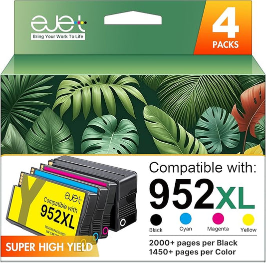 ejet 952XL Ink Cartridges Combo Pack High Page Yield (4-Pack) Compatible for HP 952XL Ink Cartridges Combo Pack | Works Officejet Pro 8702 8710 8720 8210 7740 7720，Black Cyan Magenta Yellow | N9K28AN-DeskLoop Office