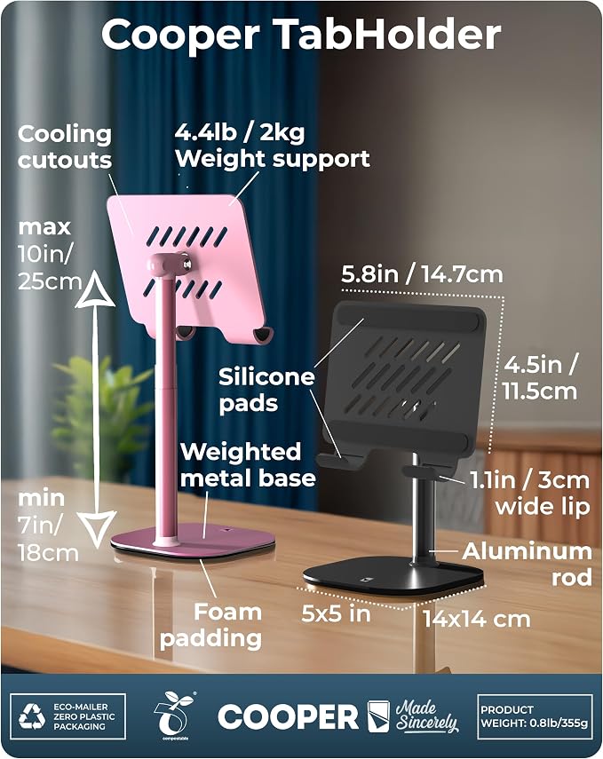 COOPER TabHolder, 7-10" Height Adjustable Tablet Stand, Premium iPad Stand - Image 8