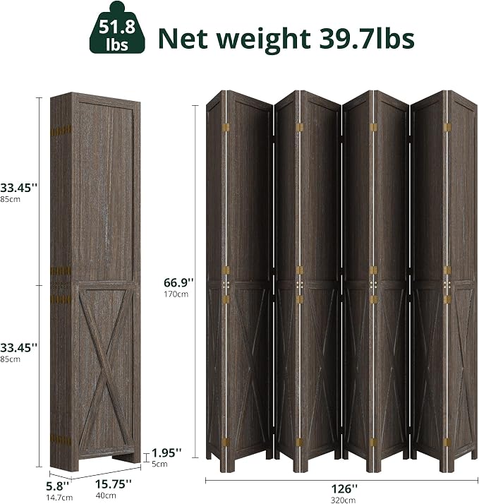 Cozy Castle Wood Room Divider, 8 Panels Folding Privacy Screen, 66.9'' Wall - Image 2