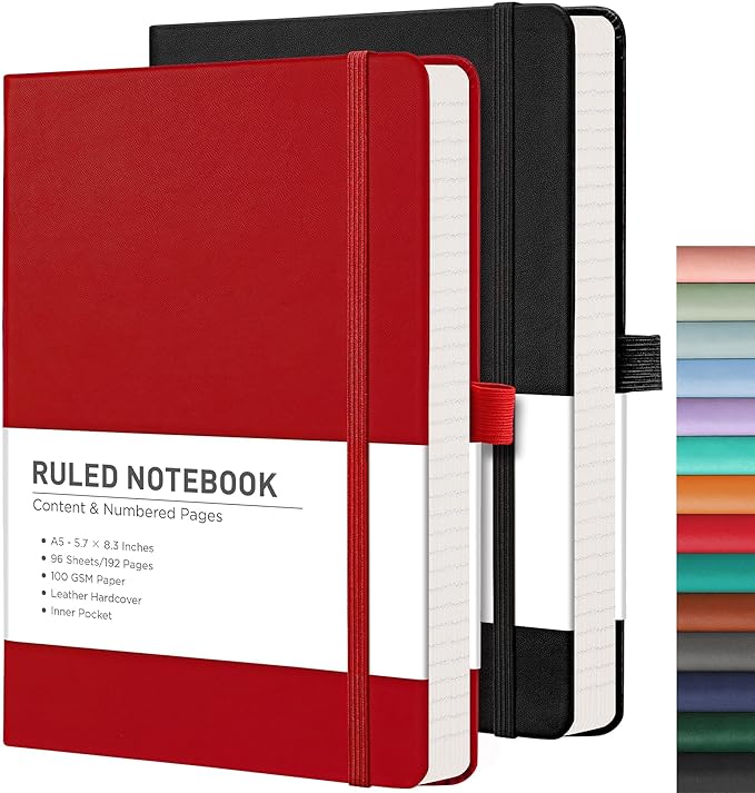 RETTACY Lined Journal Notebook, 2-Pack, 192 Numbered Pages per Pack, A5 Medium Size (5.7'' x 8.3''), for Men & Women, Writing, Work, Leather Hardcover, 100 GSM Thick Paper (Black & Red)-DeskLoop Office
