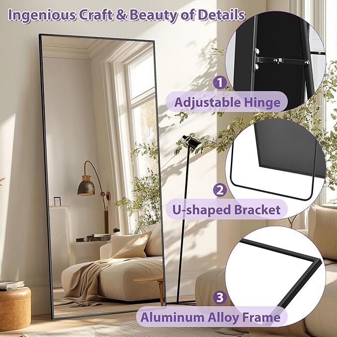 Full Length Mirror, 76"x34" Oversized Floor Mirror Freestanding, Full Body Mirror Floor Standing Mirrors with Stand, Hanging Mounted Mirrors for Bedroom Living Room, Black, Rect Style-DeskLoop Office