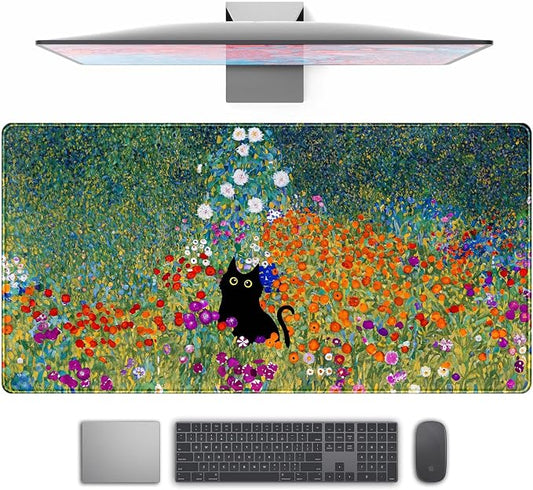 Desk Pad Cute Black Cat Oil Painting Art Floret Desk Mat Office Desk Decor by TENG+DA+QING