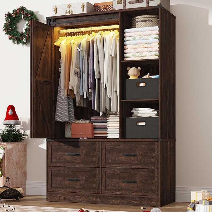 Farmhouse 3 Doors Armoire Wardrobe Closet w/Folding Sliding Barn Door and Lights, LED Armoire Closet w/Drawers for Bedroom, Freestanding Wooden Wardrobe Storage Closets w/Hanging Rod,Rustic Brown-DeskLoop Office