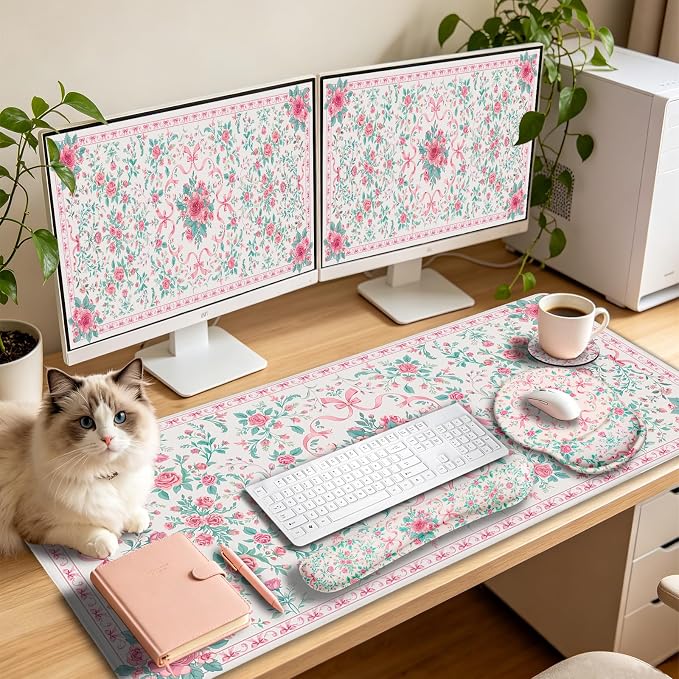 LIMKRIAN Pink Floral Desk Mat, Ergonomic Mouse Pad Set - Image 8