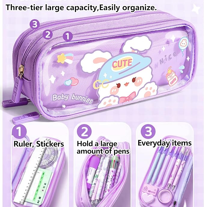 UINSUE Cute Pen case Adorable Bunny Transparent 3-Layer Large Capacity Pencil - Image 2