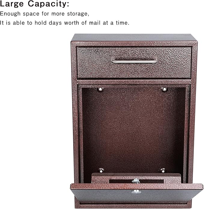 KYODOLED Steel Key Lock Mail Boxes Outdoor,Locking Wall Mount Mailbox,Security Key Drop Box,Collection Boxes,16.2Hx 11.22Lx 4.72W Inches,Bronze X Large-DeskLoop Office