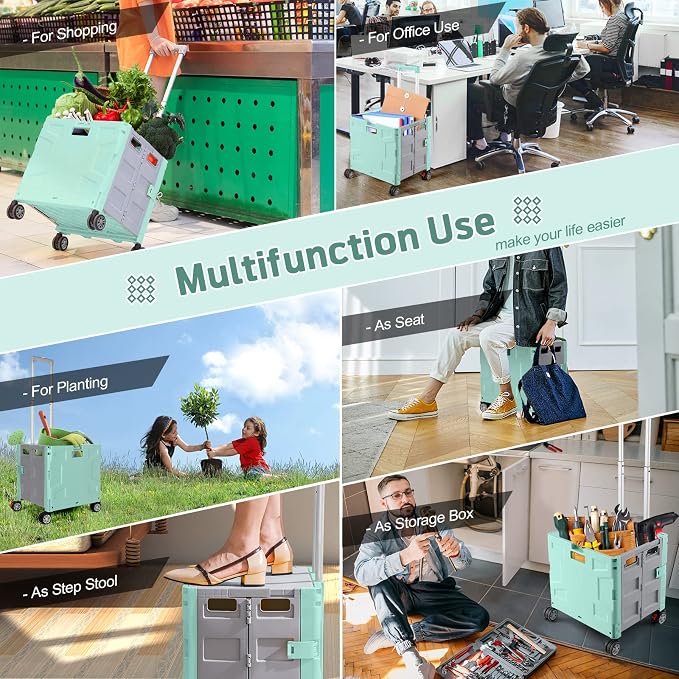 FELICON Folding Utility Cart Rolling Crate Handcart Basket Tote-Green+Gray | - Image 7