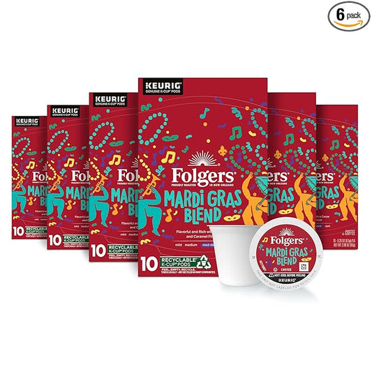 Folgers Mardi Gras Blend Medium-Dark Roast Coffee, Keurig K-Cup pods, 10 Count Box (Pack of 6)-DeskLoop Office