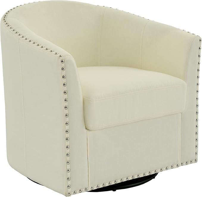 UIXE 360° Swivel Barrel Accent Chair, Modern Upholstered Arm Chair Round Club Armchair, Nailhead Trim Single Sofa Seating in Fabric for Living Room - White-DeskLoop Office