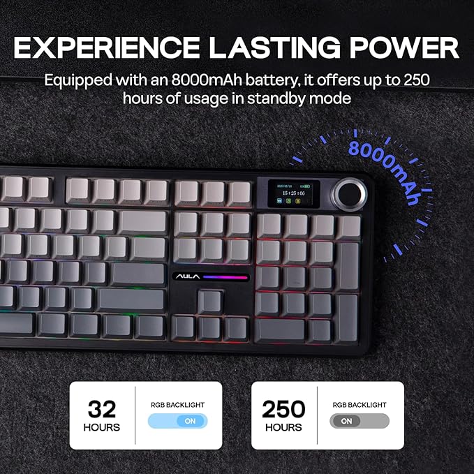 EPOMAKER X Aula F108 PRO Wireless Gaming Keyboard with Screen, 8000mAh Battery, 104 Hot-Swappable and Programmable Keys and Knob, RGB Backlight, for Mac/PC/Android (Black Gradient)-DeskLoop Office