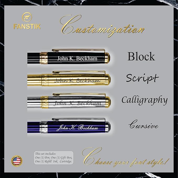 Customized Black & Gold Luxury fountain pen (Made In USA) fancy gift set for women, Real 24K Gold Plating, Professional executive pen gift set for men (Lux Custom-fountain Black-Gold)-DeskLoop Office