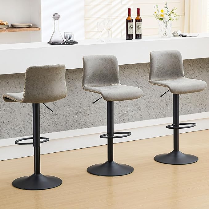 HeuGah Bar Stools Set of 3, Swivel Counter Height Barstools with Back, Adjustable Height 24" to 32", Gray Faux Leather Bar Chairs for Kitchen Island (Gray, Set of 3 (24'' to 32''))-DeskLoop Office