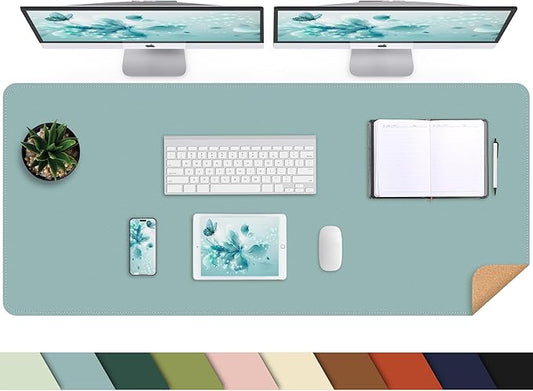 Leather Desk pad Protector,47 * 17in Large Desk mat with Natural Cork & PU Leather,Mouse pad,Non-Slip Office Desk Mat,Waterproof Desk Writing Pad for Office and Home (Light Blue)