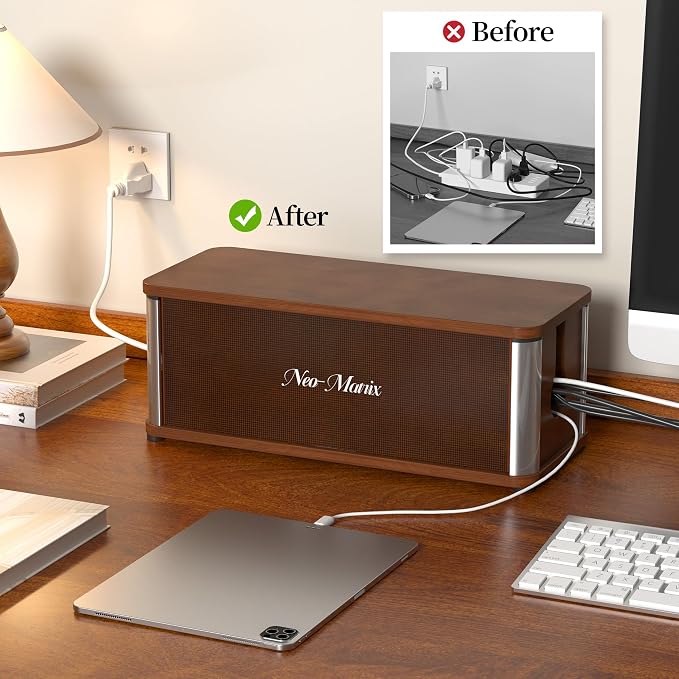 Delamu Wooden Cable Management Box, Retro-Inspired Look Desk Cord Organizer Box - Image 8