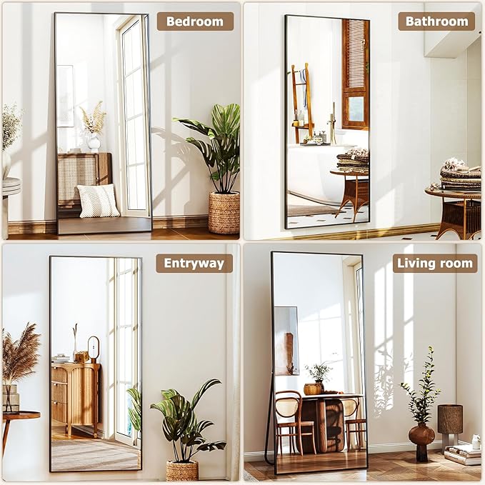 Full Length Mirror with Stand, 68"x24" Floor Mirror with Aluminum Alloy Frame, Full Body Mirrors,Free Standing or Wall-Mounted Mirrors for Living Room, Black-DeskLoop Office